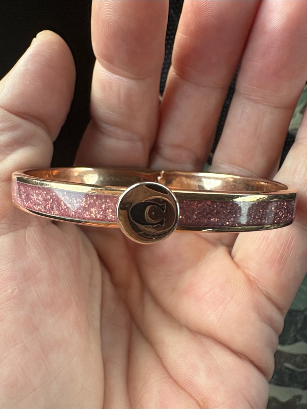 Coach Rose Gold Pink Glitter Hinged Bangle Bracelet